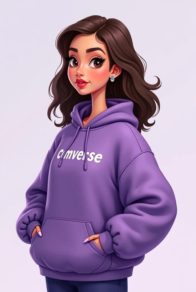 Cartoon of a tall woman with shoulder-length wavy brown hair and brown eyes and long nails wearing a purple Comverse sweatshirt