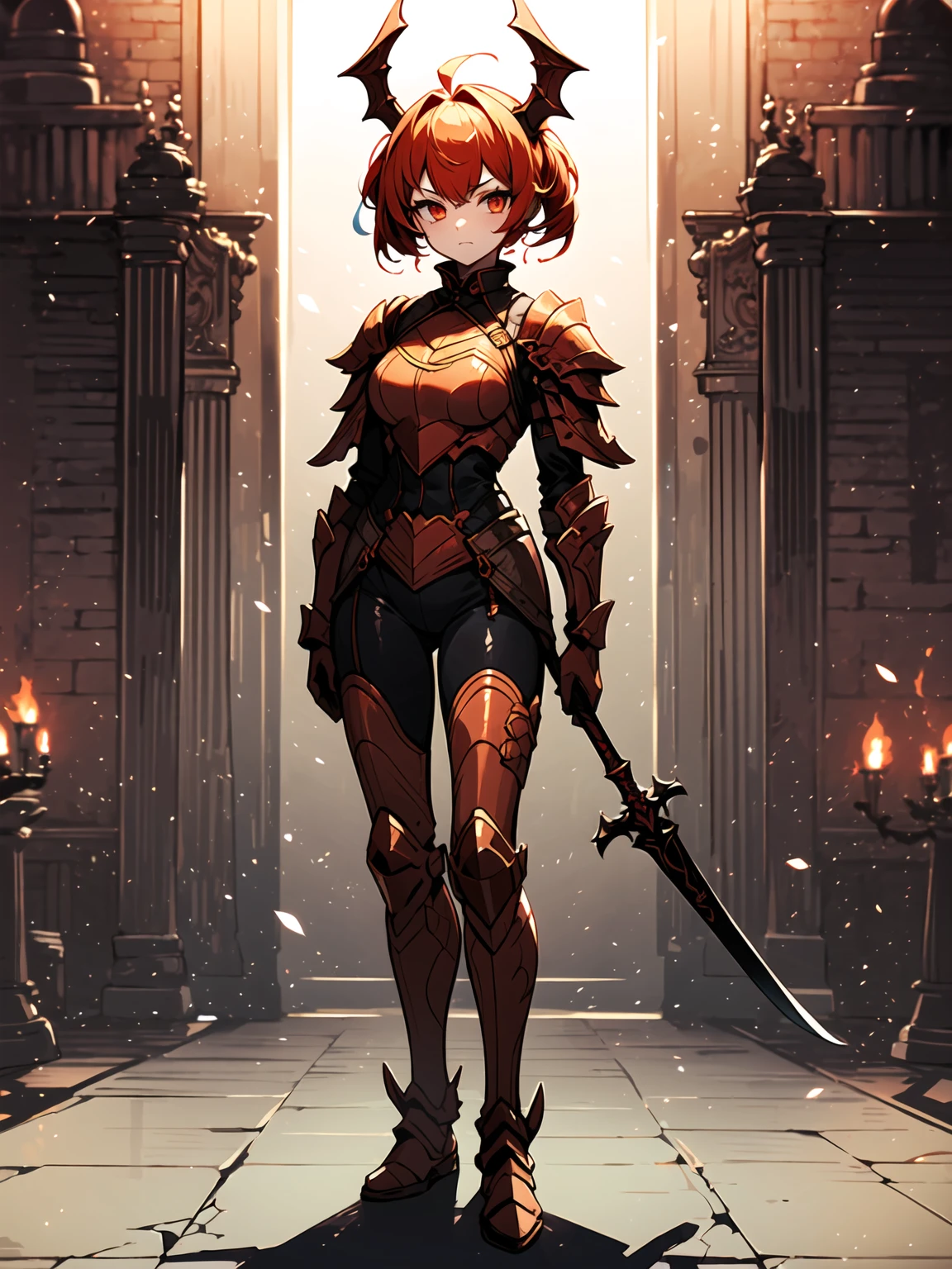 (((masterpiece, best quality, high detailed, 16k))) (1girl) A fierce dragon rider with wild, fiery orange hair and blazing red eyes. She wears a suit of dragon-scale armor that shimmers in shades of red and gold, and a large sword is strapped to her back. She stands confidently beside her dragon, her hand resting on its massive neck. ((full body view))
