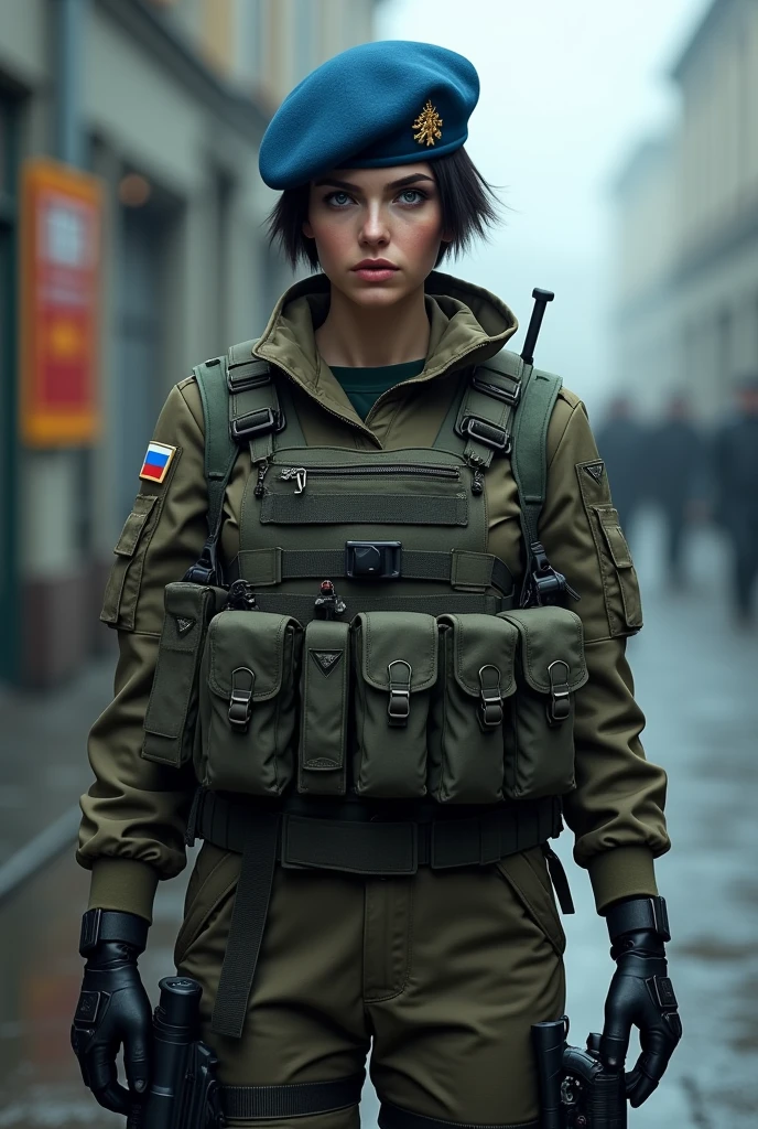 Could you generate an image of what a Russian female spetsnaz would look like with a blue beret?