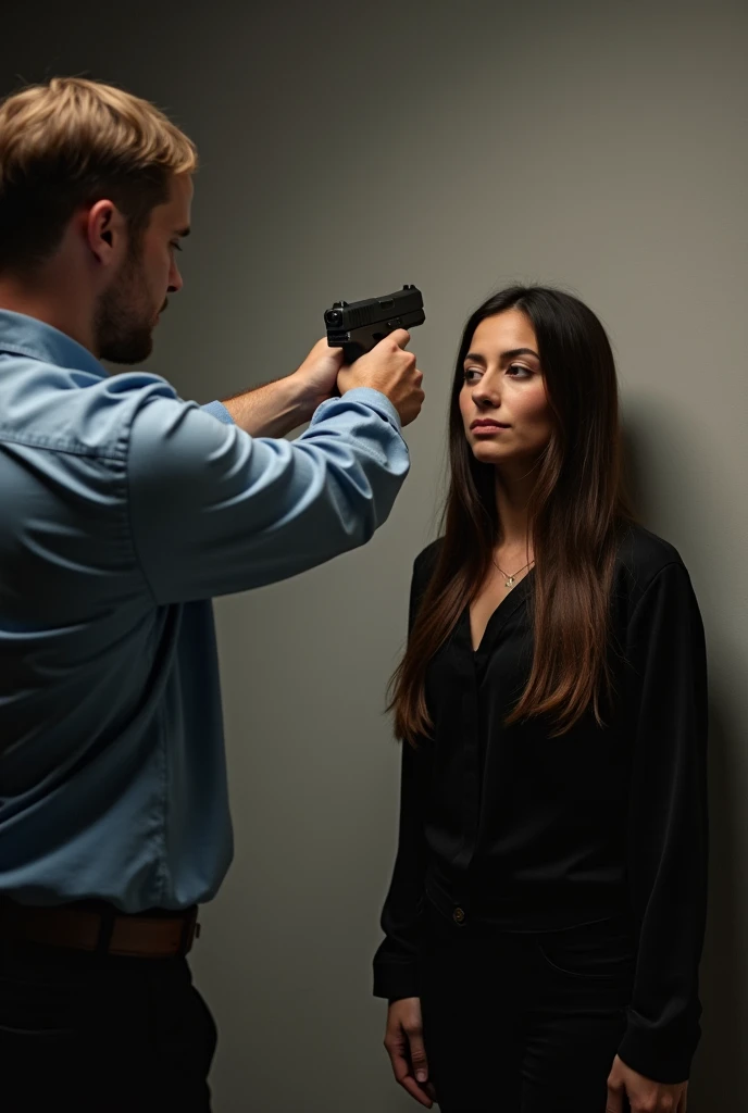 man pointing gun at woman's head, execution