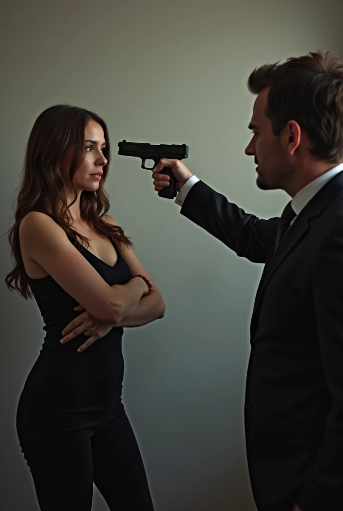 man pointing gun at woman's head, execution