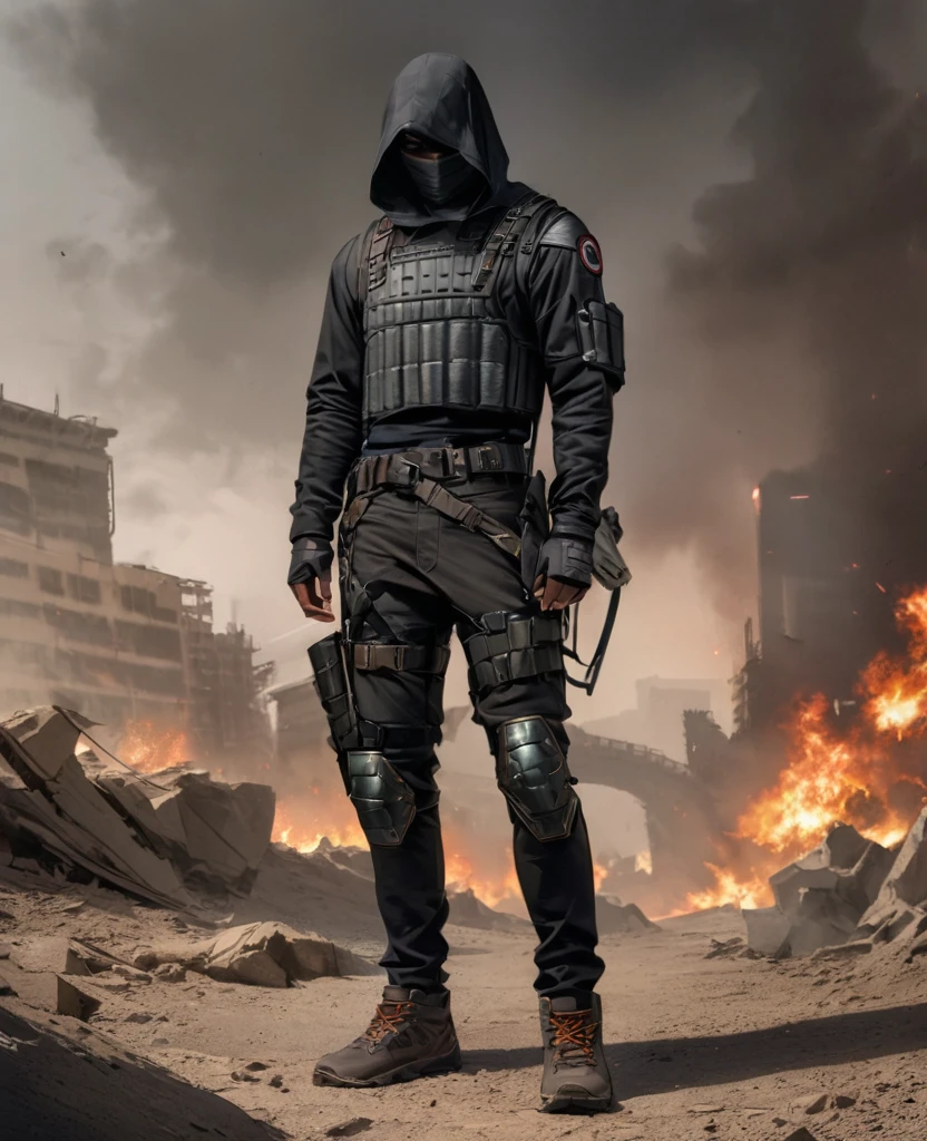 masterpiece, best quality, realistic, african american man, 1man, quiet young man, 21 years old, the winter soldier, burn scars on skin, burn scars on face, eyes visable, black skin, masculine features, fit, looking worn down, dark skin, kevlar armor (like swat), Post-apocalypse, doomsday wasteland style, fingerless gloves, gloves, belt, full body, armor, standing, simple background, military kit, mask that covers his lower face, vigilante, slight western aesthetic mixed with modern aesthetic, daredevil, green eyes, scars on face, burn scars on face, full modern body armor, black noir from “the boys”