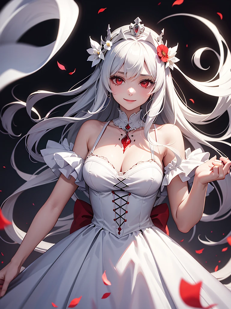woman, red eyes, white long wavy hair, noble, like prince, sadistic smile her front hair is tied up. her. where dress like princess. she sadistic and cruel women. like a strong women. wearing flowers on her head. her white dress is stained with blood. halloween night. have blood on her dress. like a scary ghost. in the blood pool. she is ghost