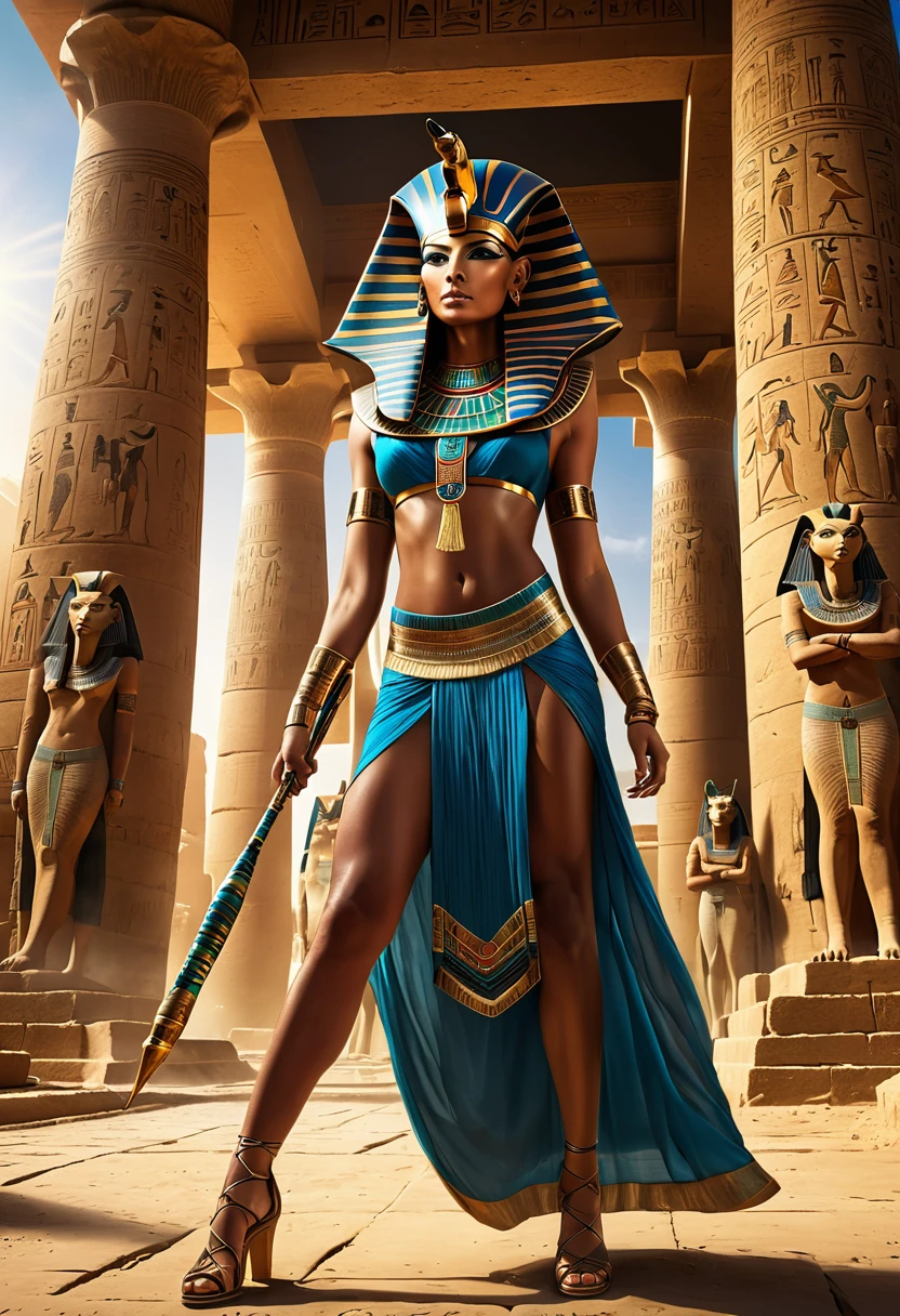 a detailed, highly realistic, hyper-detailed digital painting of the Egyptian goddess Sekhmet facing off against the goddess Bastet in a dramatic battle scene, ancient Egyptian temple ruins in the background, (best quality,4k,8k,highres,masterpiece:1.2),ultra-detailed,(realistic,photorealistic,photo-realistic:1.37),cinematic lighting,dramatic atmosphere,intricate details,ornate Egyptian architecture,glowing eyes,fierce expressions,flowing Egyptian garments,ancient Egyptian hieroglyphs,dynamic poses,vivid colors,chiaroscuro lighting,dramatic shadows,volumetric lighting,cinematic camera angle