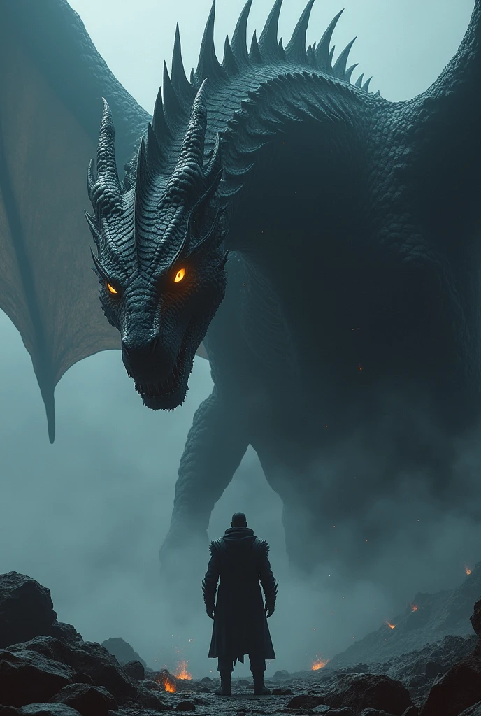 A man standing in front of a terrifying black dragon (they're both partners btw