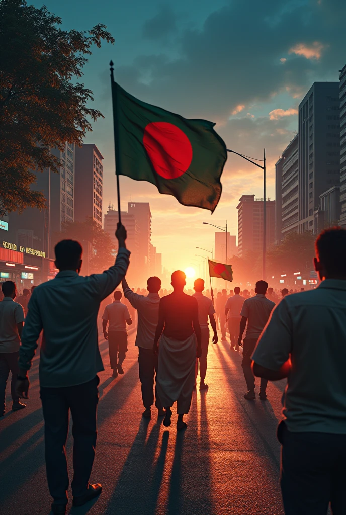 Let the journey of a new Bangladesh begin after the victory achieved as a result of the anti-discrimination student movement. Bangladesh's anti-discrimination student movement collapsed on August 5, 2024 with the resignation of the current government and Dr. Md. Yunus, one of the convenes of the student movement and their choice, was appointed as the head of the interim government. Please make an image in which all the people looks Bangladeshi and in all hands showing Bangladeshi flags they control traffic with the help of all digital support by ai from one point to another's as well as road cleaning and many more beautification works . You please make an image at deep night with a community to protect thief or any other