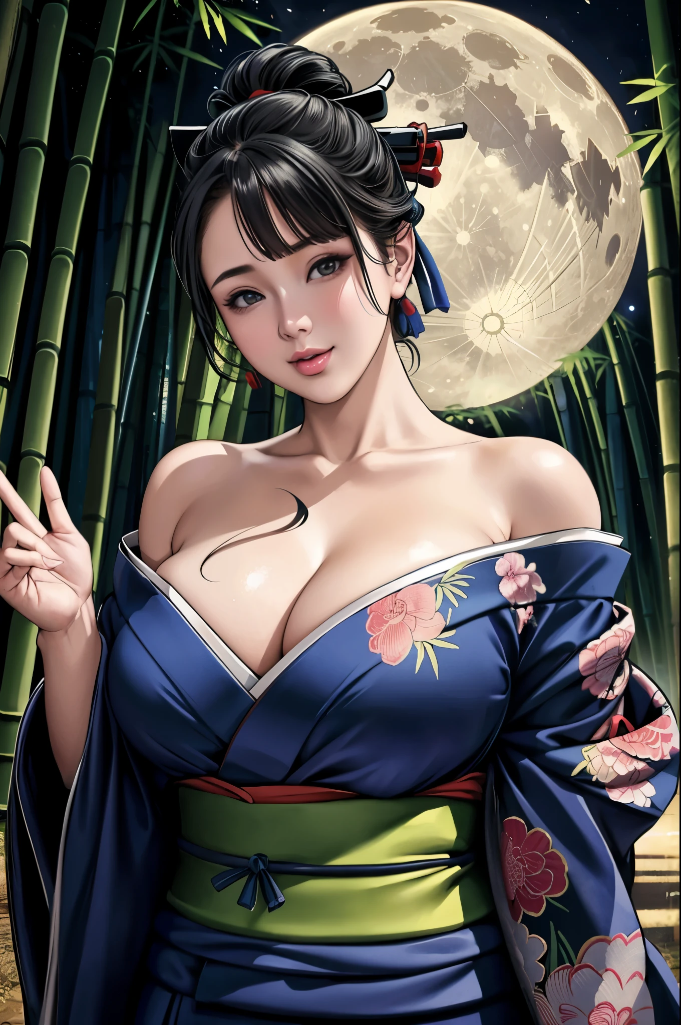 (Browsing Caution), (RAW Photos), (Realistic), (Photorealistic), Ultra-high resolution, masterpiece, Highest quality, Portraiture, facial Portraiture, Perfect lighting, Detailed lighting, Dramatic Shadows, Ray Tracing, Pure Eros Face_v1, Urzan-6500-v1.1, ((gentle smile)), ((upper body:1.2)), ((random sexy pose)), looking at viewer, ((wearing a kimono)), ((off shoulders kimono:1.2)), ((in Bamboo forest:1.2)), ((night:1.2)), ((moon)), ((Japanese tattoo)),
