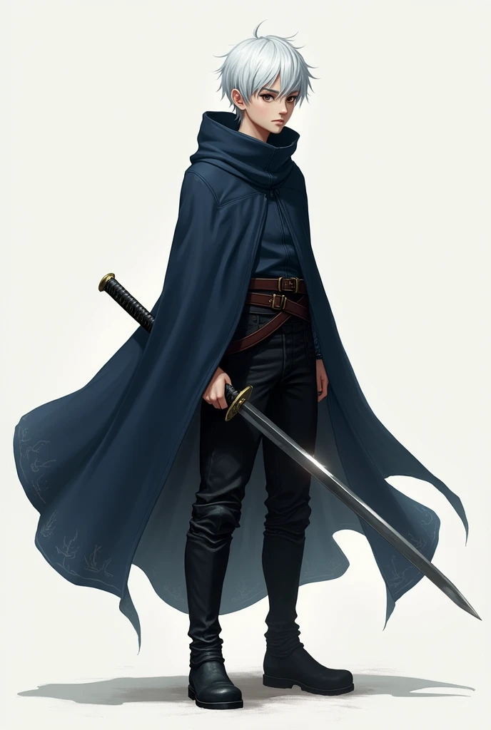 male 23 years old short white hair brown eyes thin very dark navy blue cloak black pants black boots light skin katana