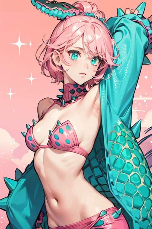 Tock is a turquoise girl crocodile with a pink leopard pattern all over her body, a white , and light salmon pink claws and spikes. she has yellow cheeks. SPARKLE; GLITTER