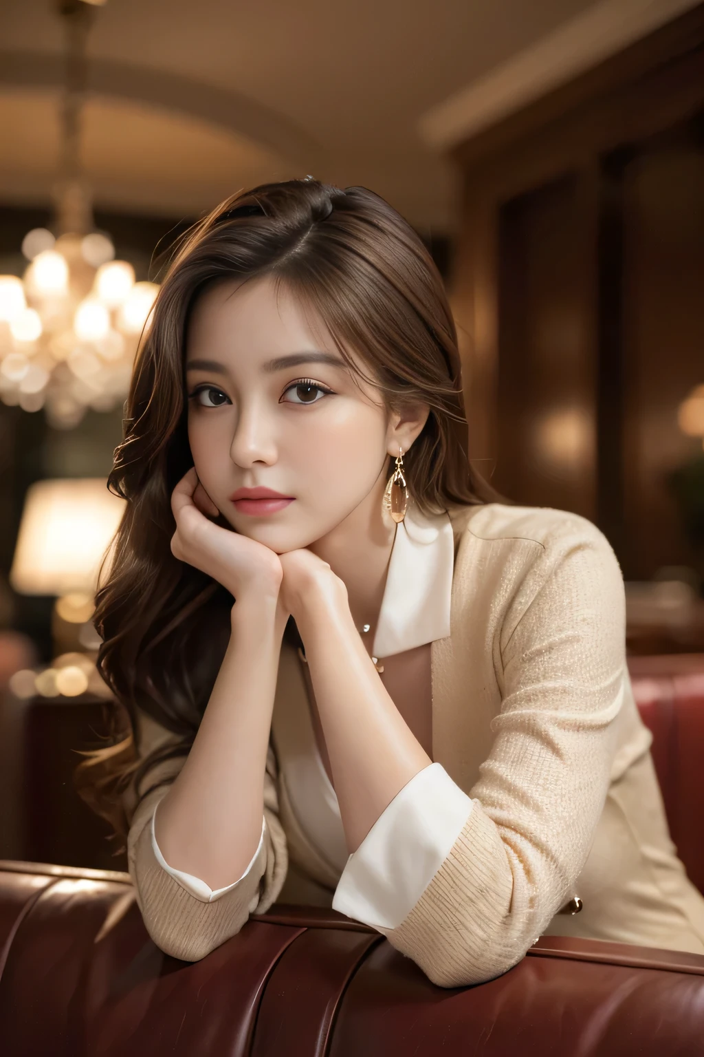 masterpiece, Highest quality, Realistic, Very detailed, Finer details, High resolution, 8k wallpaper, One beautiful woman, Wear a nice suit, In a great restaurant, At night, Light brown messy hair, Perfect dynamic composition, Beautiful and beautiful eyes、Big earrings、Sit on the sofa、