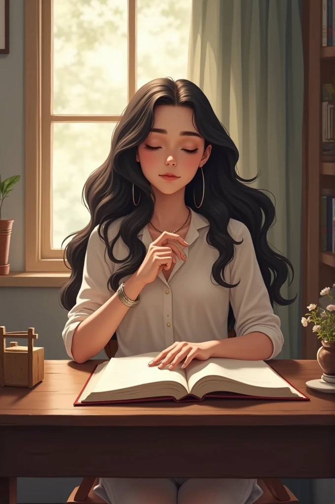 Create an illustration of a white age girl with a round face and long, wavy black hair doing her devotions at her desk with Jesus by her side