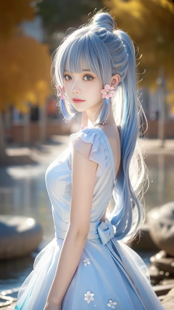 (masterpiece), (best quality), (Extremely detailed),(Messy hair),(illustration), (1 Girl), (Fashion), permanent, fashion model, Looking at the audience, (interview), ( background),Beautiful and delicate eyes, Delicate and beautiful face, floating,(High Saturation),(Colorful splash),Colorful bubbles,(shining), Focus on the face, Ponytail, Kamisato Ayaka, Light blue hair, Bangs, Hair ring, Floating flowers, Floating hair, (shining), Optimal lighting, Best shadow, Wet clothes, Sweating, Medium breasts