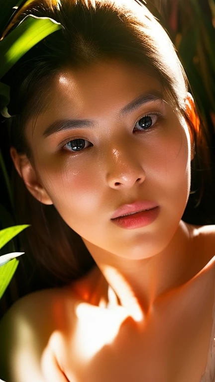 {top-quality}, {{masterpiece}}, {extremely delicate and beautiful},Outstanding light and shadow, highly detailed wallpaper,Clear and bright sunlight,1girl in,no clothes、gaze looking beyond,red blush,Strong sunshine,delicate and messy hair,realistic skin textures, Pronounced pores and skin wrinkles,tropical rainforest,((strong light shines on the face)), full body shot, naked portrait, nude photography, detailed armpit, pussy pubic hair, shiny nipple, coffee shop