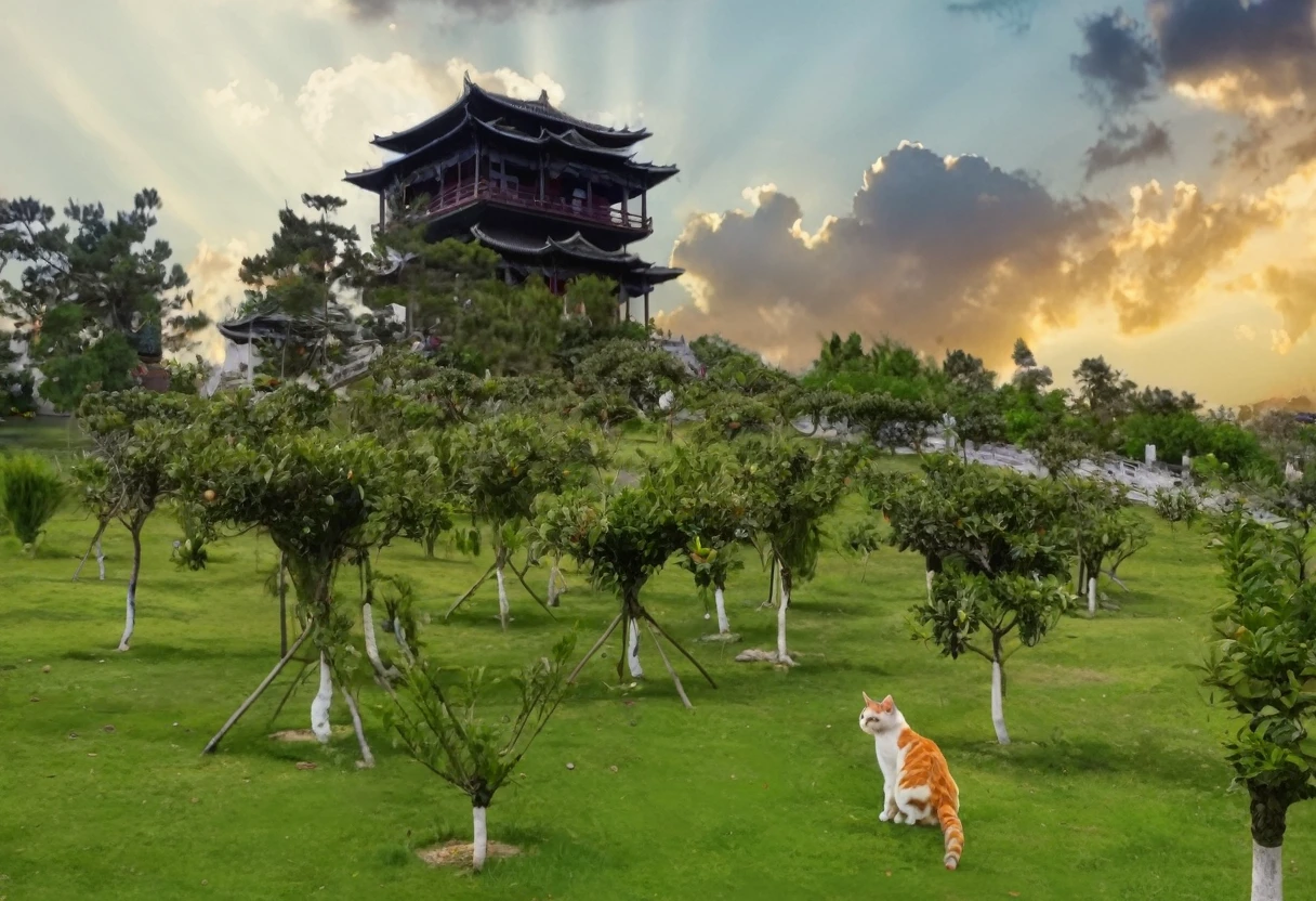 There is a big-eyed cat standing on the grass near the building, Ancient Chinese Tower, There is a beautiful cat standing on the grass near the building, Ancient Chinese Tower, Palace on the Hill, old Chinese building, Chinese Palace, Chinese Architecture, There is a beautiful ancient garden behind,There are loquat trees in the garden,Loquat trees,Sunset sky,Tyndall effect,Excellent image quality,Sunset sky,Tyndall Light,Sunset sky,Tyndall effect,Sunset sky,Tyndall effect,There are loquat trees in the garden,Loquat trees,RAW