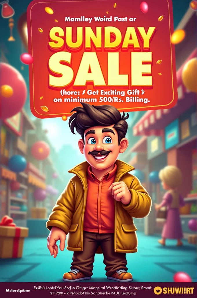 Create poster of "Sunday Sale
Get Exciting
Gift on minimum
500/-Rs. Billing"