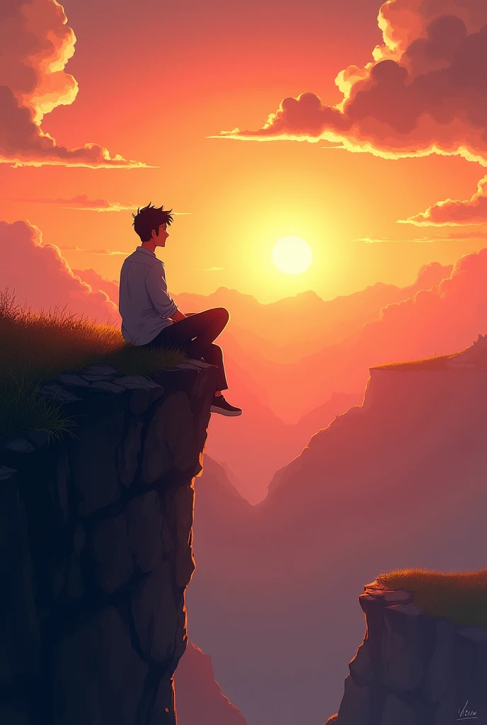 Landscape man sitting with his back on a cliff watching the sun anime