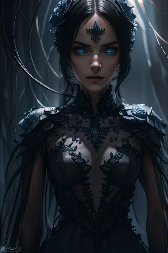 A man with beautiful detailed blue eyes, long eyelashes, detailed facial features, black hair, his entire body except his head covered in a black miasmic growth, parasitic fungi, (best quality,4k,8k,highres,masterpiece:1.2),ultra-detailed,(realistic,photorealistic,photo-realistic:1.37),dark gothic horror,dark fantasy,surreal,moody lighting,dramatic chiaroscuro,muted color palette
