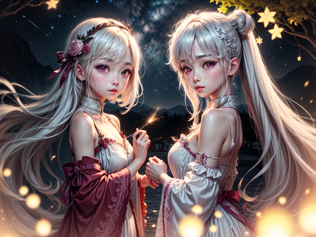 (Gaze at the stars, Dreamy atmosphere, Heavenly Beauty, Shining Night Sky)
White Hair、Pink Eyes、Sparkling eyes、dreamy