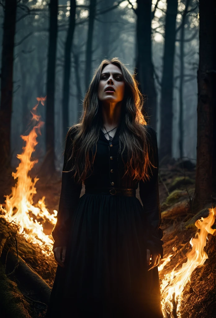 Ghost, glow, mist, woman, fire, magic, spell, calling forth a spirit, chaos, raven
