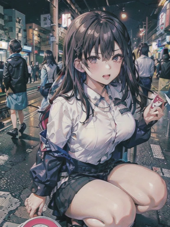 ((Highest quality)), ((masterpiece)), (detailed), One Girl,(Knee-length),Private Server,Big Breasts,(Short skirt),(White shirt),(Open Chest Button),22-year-old woman,(Naughty look),((Excited expression)),Browsing Caution,nswf Japanese,(attractive appearance),atmosphere,Remote control rotor,pink remote control,blush,Watery eye,night,train,(trainの中で立ってる女の子),(Gaze seducing a man),