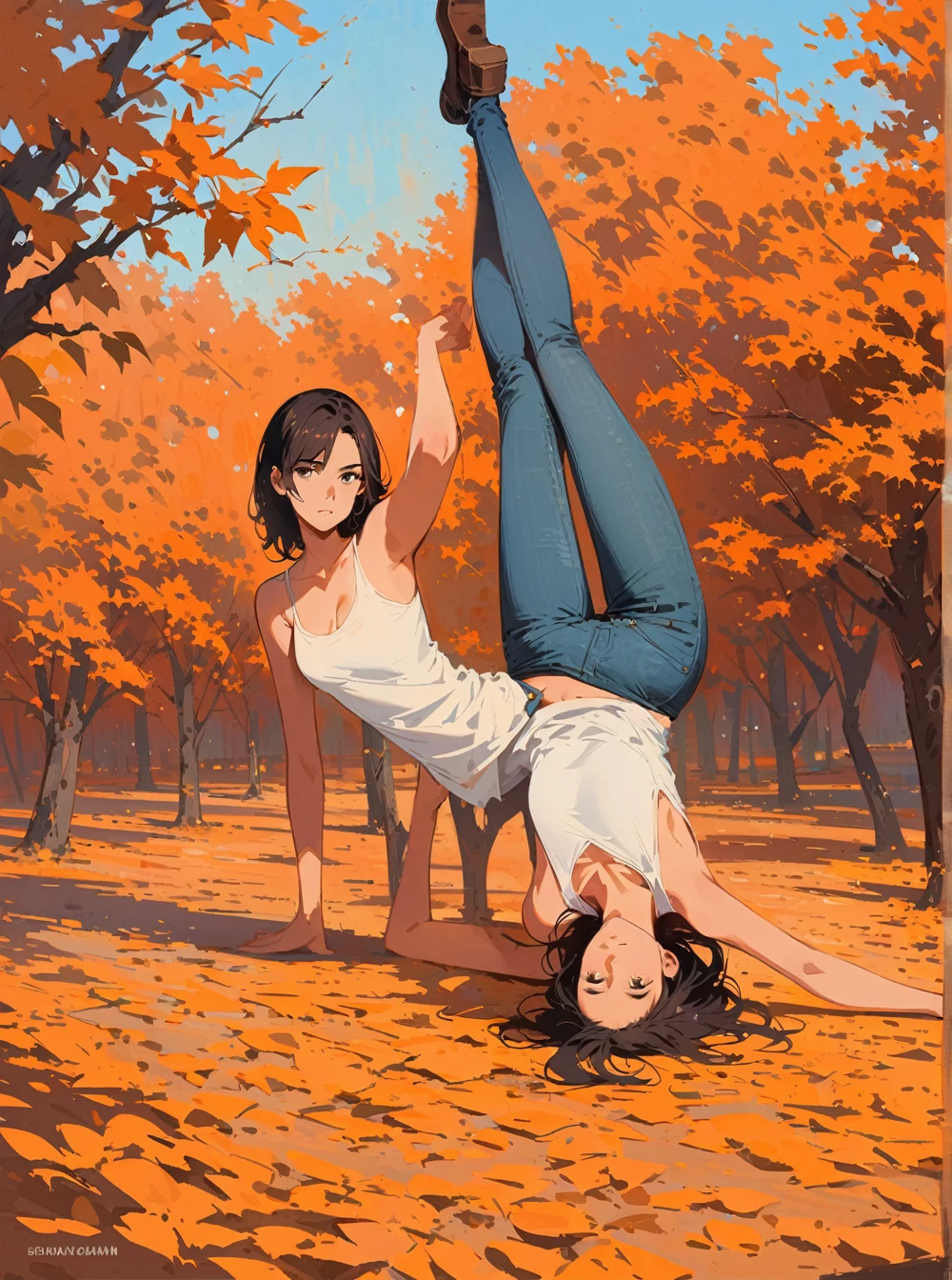 close, Beautiful woman in samdoesarts style, In a park full of orange leaves , alone,Are solo, seated_splits, full body, Jeremy Mann, By Sandra Chevrier, Dave McCain、Richard Avedon、Maciej Kuciara, White tank top and jeans, High resolution, 8k