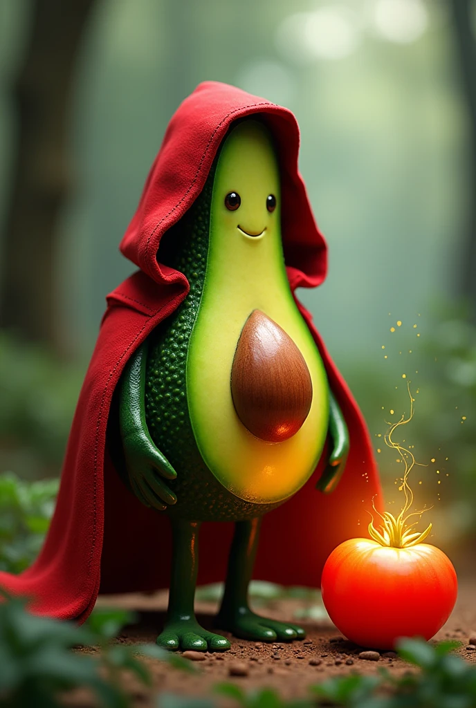 An avocado with a red cape like Little Red Riding Hood and a magic tomato