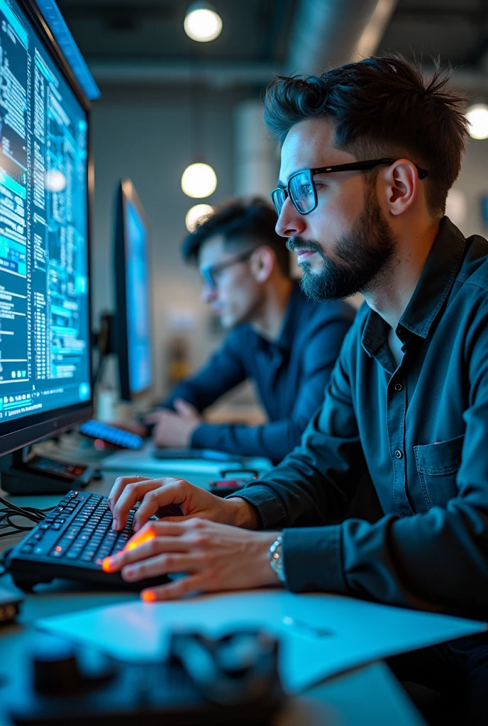 Make me a photo of my team techy minds with proper tech work and action