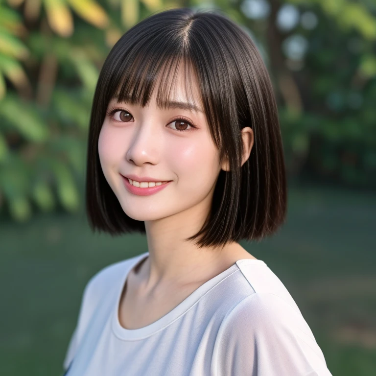 (kawaii 24 year-old Japanese girl, Nogizaka idol, Korean idol), healthy female athlete body, (glossy black hair, short hair, pixie cut, bangs:1.3), (rounded face, pure black eyes, single eyelid, no makeup, splashing smile:1.2), (wears crew neck t-shirt:1.3), extra small breasts, BREAK, (park turf background:1.3), (dynamic angle, bust shot:1.2), BREAK, (masterpiece, best quality, photo realistic, official art:1.4), (UHD, 8K quality wallpaper, high resolution, raw photo, golden ratio:1.3), (shiny skin), professional lighting, physically based rendering, award winning, (highly detailed skin, extremely detailed face and eyes, anatomically correct body), Carl Zeiss 85 mm F/1.4, depth of field, 1girl, solo,