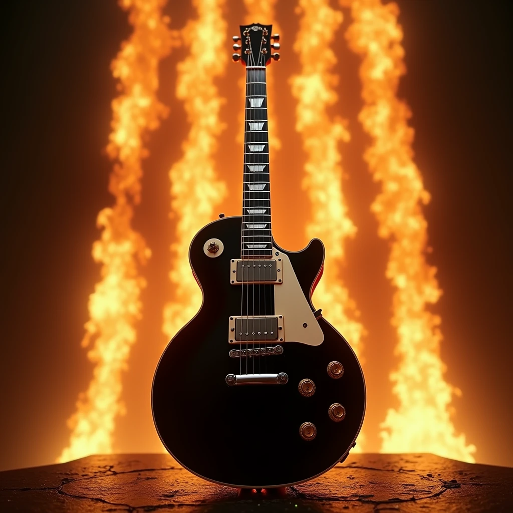 Les Paul electric guitar, Glossy black with white, perfect proportions: 1,5, standing on an altar, a long wall of fire in the background, fire reflected in the guitar. close up view. realistic art style.