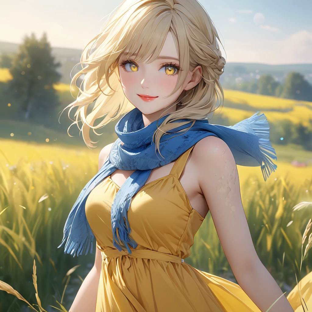 A woman wearing a yellow dress with blue details, long blonde hair, ukraine, hair blue, with blue bangs, multicolored hair, blue eyes and yellow eyes, multicolored eyes, perfect face, perfect eyes, perfect lips, smiles,blue and yellow scarf around the neck, walking in an open field with grass, daytime location .UHD, masterpiece, accurate, anatomically correct, textured skin, super detail, high quality, best quality, 8k, high resolution, bokeh effect.(solo woman),white gloves, close view.
