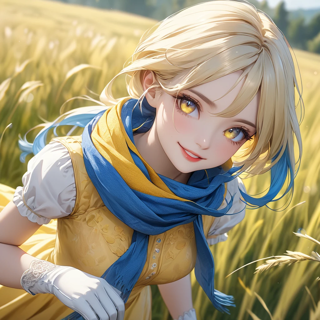 A woman wearing a yellow dress with blue details, long blonde hair, ukraine, hair blue, with blue bangs, multicolored hair, blue eyes and yellow eyes, multicolored eyes, perfect face, perfect eyes, perfect lips, smiles,blue and yellow scarf around the neck, walking in an open field with grass, daytime location .UHD, masterpiece, accurate, anatomically correct, textured skin, super detail, high quality, best quality, 8k, high resolution, bokeh effect.(solo woman),white gloves, close view.

