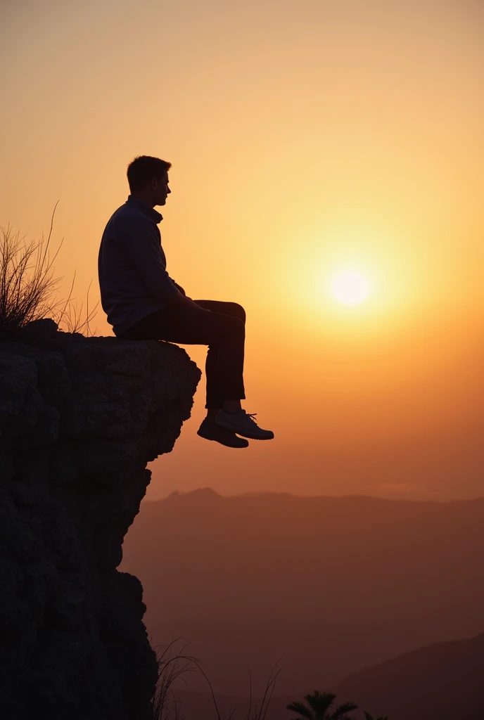 Landscape man sitting with his back on a cliff watching the sun 