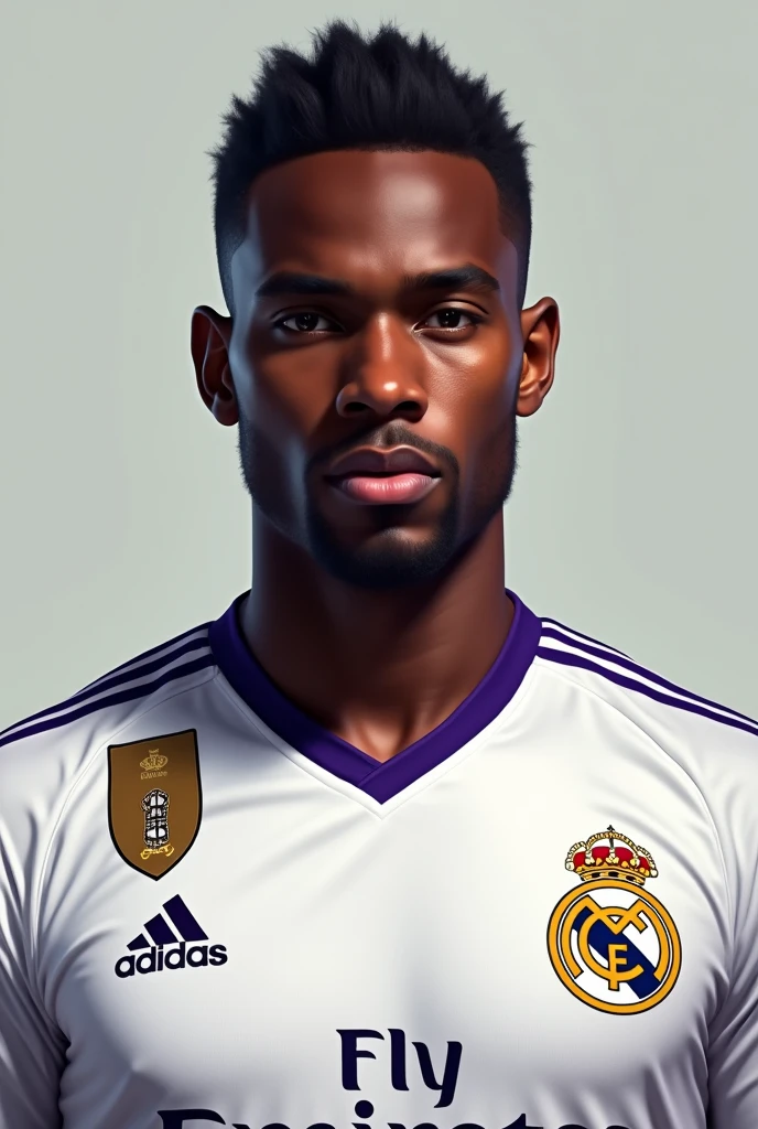 black man, straight hair with a Real Madrid shirt