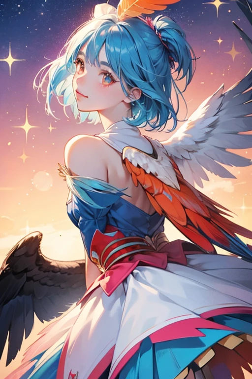 Feather is a blue girl eagle with a white head, pink talons, an orange beak, and red cheeks. SPARKLE; GLITTER