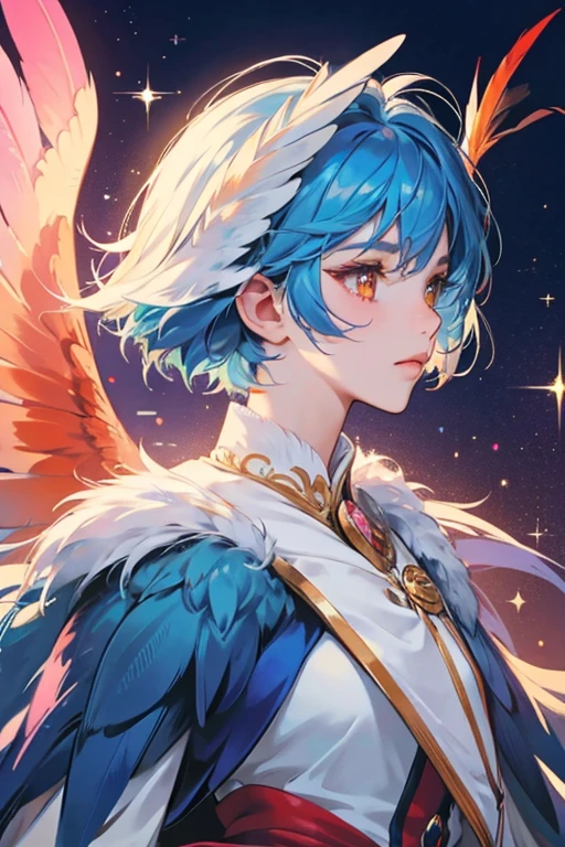 Feather is a blue girl eagle with a white head, pink talons, an orange beak, and red cheeks. SPARKLE; GLITTER