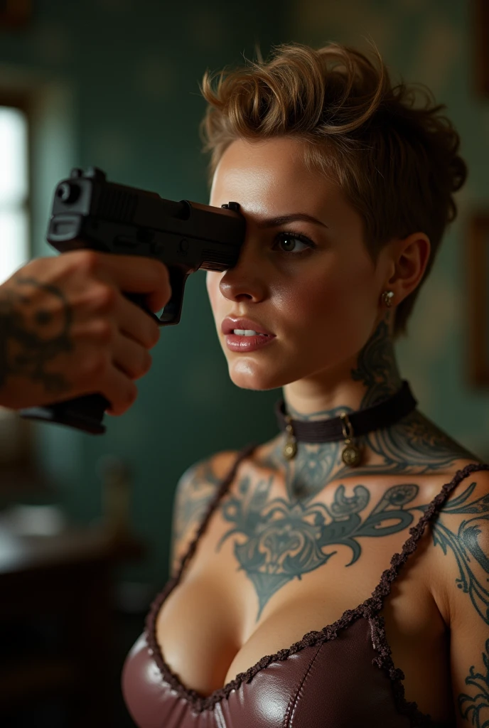 man pointin gun at woman's head, execution, swedish woman, young, naked, short curly mullet, septum piercing, covered in tatoos, dimples, thick belt around neck, naughty expression, shiny latex bodysuit, close-up, UHD, retina, masterpiece, accurate, anatomically correct, textured skin, super detail, high details, high quality, award winning, best quality, highres
