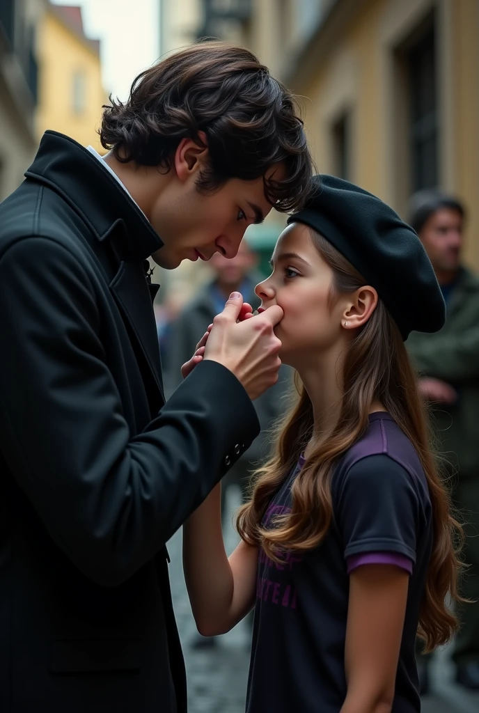 Scherlock Holmes from the BBC Scherlock series kissing the hand of a 14 year old Brazilian girl with long brown wavy hair, brown eyes, a black beret and a black and purple t-shirt, realisitic,next to Doctor Watson also in the Scherlock series BBC is taking a photo of the two