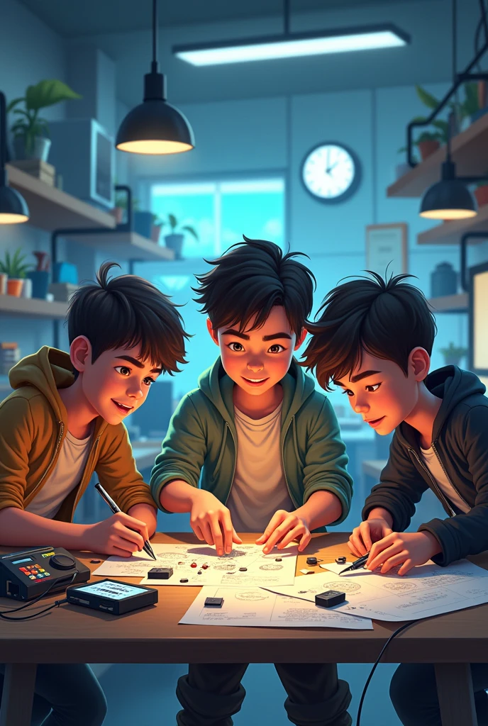 Make me a photo of my team techy minds with proper tech work and action with 3 boys of 14 age
