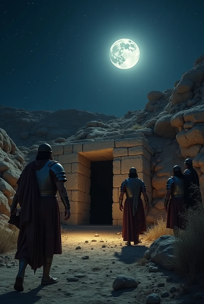 A realistic, high-resolution cinematic scene showing Roman soldiers in deep unease and fear as they see the stone of Jesus' tomb rolled away during the night.. The scene takes place at the time when Jesus lived, authentically capturing the costumes and armor of the period. The light of the full moon shines brightly, casting a silvery glow over the open tomb and highlighting the large stone that had been rolled away. The soldiers, with expressions of shock and fear, are partially illuminated by moonlight, their metallic armor reflecting the cold glow of the night. Some soldiers are retreating, while others stare in astonishment at the dark, empty entrance to the tomb. The surrounding landscape is arid, with rocks and dry vegetation, and the night sky is filled with stars, increasing the mysterious and reverent atmosphere of the moment. Ao fundo, the hills of ancient Israel merge with the darkness of night