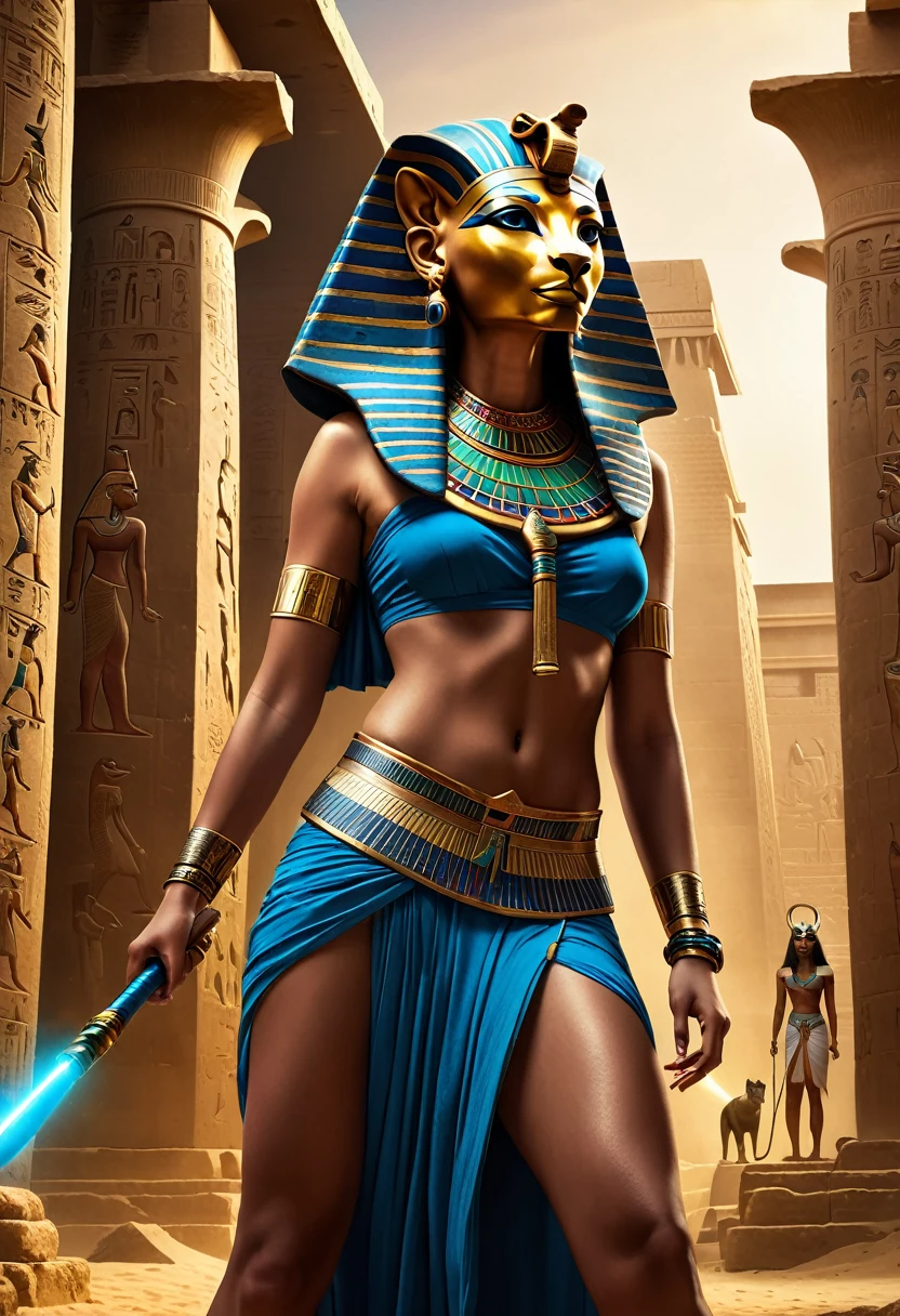 a detailed, highly realistic, hyper-detailed digital painting of the Egyptian goddess Sekhmet facing off against the goddess Bastet in a dramatic battle scene, ancient Egyptian temple ruins in the background, (best quality,4k,8k,highres,masterpiece:1.2),ultra-detailed,(realistic,photorealistic,photo-realistic:1.37),cinematic lighting,dramatic atmosphere,intricate details,ornate Egyptian architecture,glowing eyes,fierce expressions,flowing Egyptian garments,ancient Egyptian hieroglyphs,dynamic poses,vivid colors,chiaroscuro lighting,dramatic shadows,volumetric lighting,cinematic camera angle