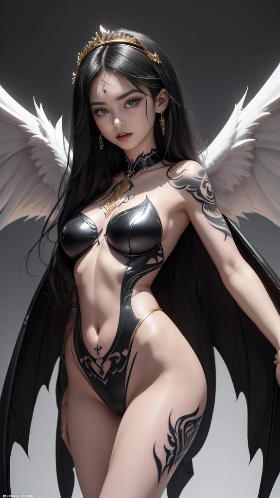 ((Perfect dynamic composition:1.7, Detailed tattoos all over the body:1.6, Wear exquisite jewelry:1.6)), Highly detailed skin and facial features:1.3, Details of the limbs, wings on shoulder, Angel wings and devil wings, white wings and black wings, (Realistic picture, highest resolution, 16ก), (A demon god with wide wings and enormous power on his shoulders., black bat wings :1.3, white angel wings :1.3), 6 angel wings, 6 devil wings, (Beautiful girl with two meter long hair, shiny black hairงาม, Smooth white skin, Lips are very red.), ((stand, already)), (big breasts, หัวBig tits), (gigantic breast, breast augmentation, Breast 400 cc., small waist, hips raised, small thighs, Long legs), (dynamic poses), (Armor that slightly conceals the body), Separate theme, (Angel wings and devil wings), floating in the air above the groundดิน, background darkness, Embraced with twelve wings, The horns that grow from the head are like a crown., He who has light, wears little armor, There is power coming out of the body., sparkling wings, white light black light, amazing wings, beautiful gesture, 8K resolution, Resolution 4000 x 2250 pixels, beautiful gesture, Angel wings and devil wings, (Realistic picture, highest resolution, 16K), Angel wings and devil wings, white wings and black wings, Angel wings and bat wings, Alternating black and white wings, 12 wings, 6 angel wings, 6 bat wings, Angel wings and devil wings, white wings and black wings,, (Beautiful girl with two meter long hair, shiny black hair, Smooth white skin, Lips are very red.), very long hair, ((stand, toe)), (big breastsโต, หัวBig tits), (gigantic breast, small waist, hips raised, small thighs, Long legs), (dynamic poses), (black and white leotard, There are beautiful patterns., Decorated with gold embroidery., Show off your chest), Separate theme, (Angel Wings and Demon Lord Wings), floating in the air above the ground, background darkness, Embraced with twelve wings, He is white and black., A rainbow glow on the back of the head, The most busty breasts, Big tits, universe backdrop, dynamic gesture, Drive the skin, Smooth white skin, หญิงสาวรูปร่างเพรียวบางที่งดงามและมีพลังอำนาจเหนือธรรมชาติ ทั่วร่างของเธอถูกประดับด้วยรอยสักที่ซับซ้อนและเครื่องประดับสุดวิจิตร เข้ากันกับSmooth white skinเรียบของเธอ ผมยาวสีดำเงาของเธอไหลร่วง