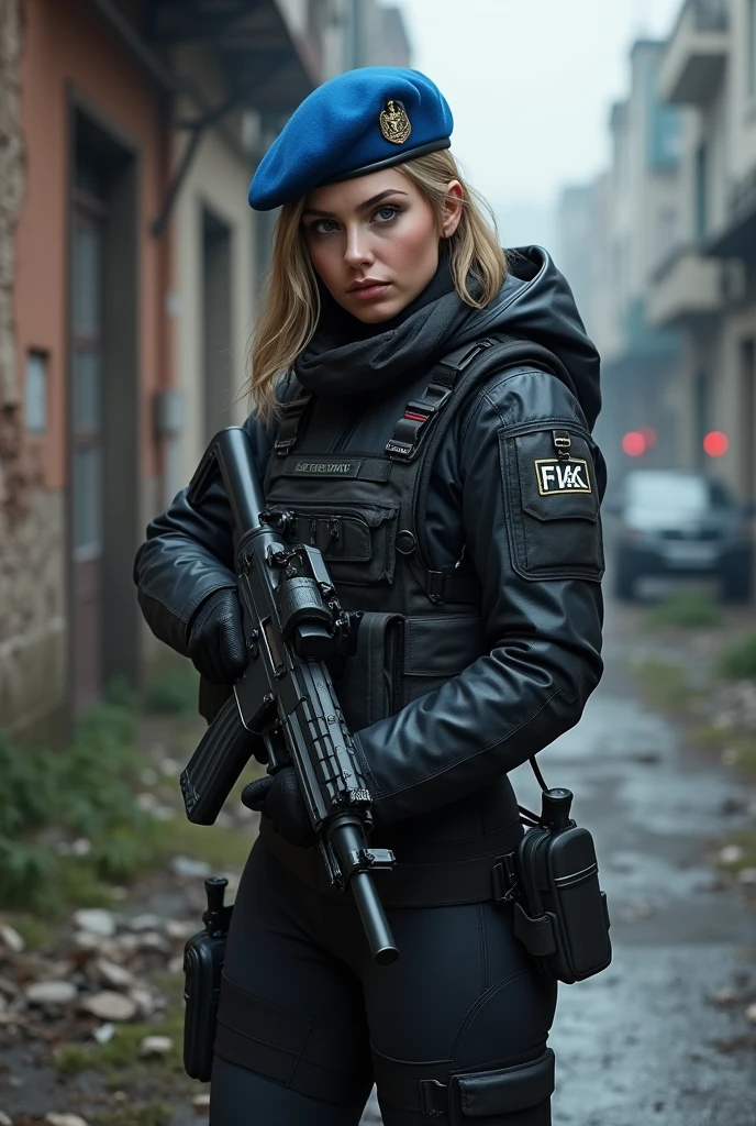 Could you generate an image of what a Russian female spetsnaz with a blue beret would look like in a video game like counter strike global offensive
