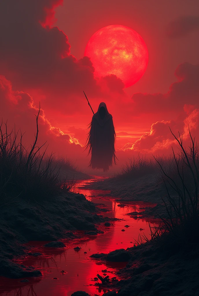 blood red battlefield, with burning flames in the background and a dark sky covered by red clouds. The ground is covered in thorns and sharp blades, and there are pools of blood that seem to have a life of their own.
