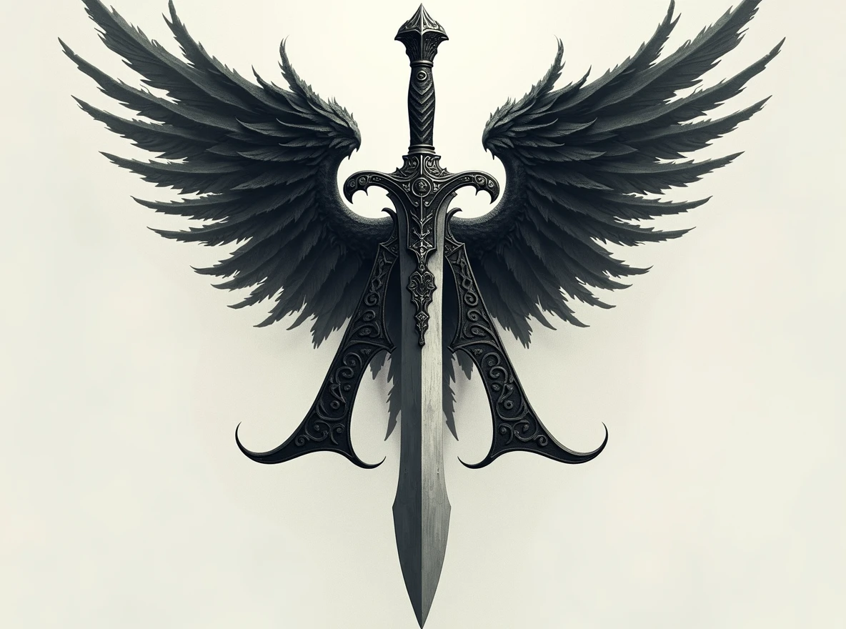 Replace the sword with a dagger while preserving the 'A' shape above it. The dagger should fit naturally into the design, with an ornate handle and a sharp, detailed blade. Ensure that the 'A' and wings remain intact and in the same position, keeping the overall dark fantasy aesthetic.