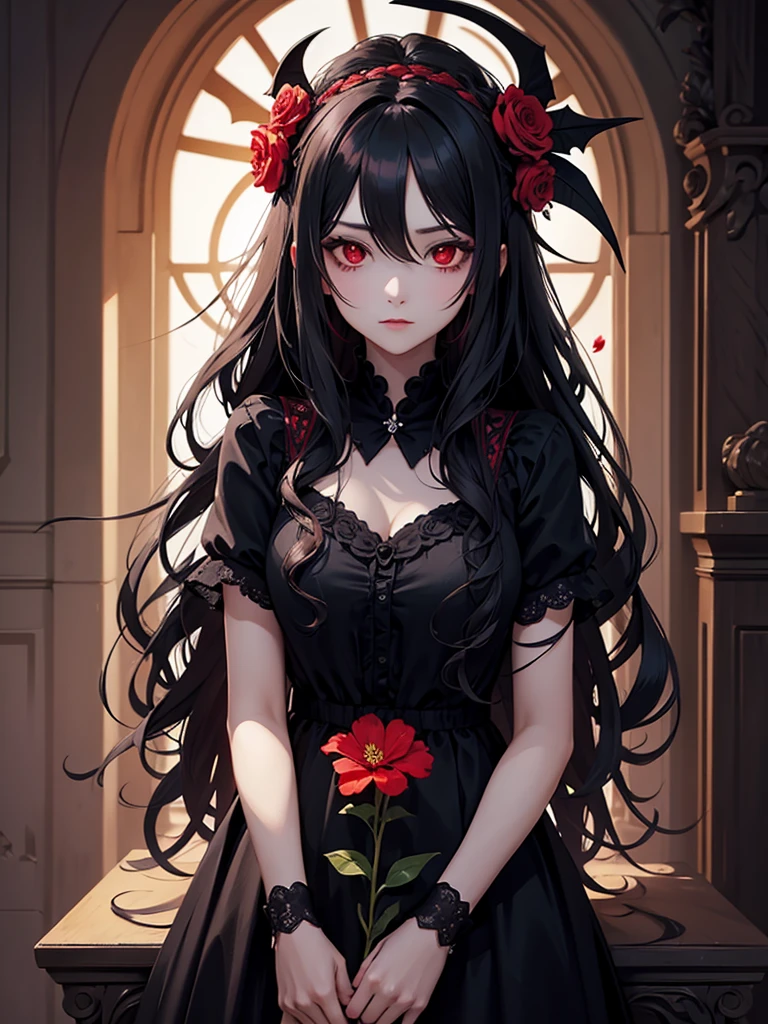 woman, red eyes, black long wavy hair, wearing flowers on her head. she is vampire