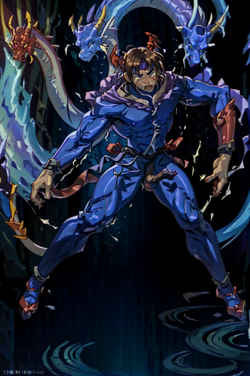 Huge muscles,((Huge erect penis)),Ashton,Robe,Red Dragon and Red Dragon,Two Dragons,紫のRobeに青いマント,Black Bandana,Her hair is chestnut brown and medium-long and straight.,Wield a small sword,Massive ,A crying face enduring pain,宝石の装飾がついたRobe留め,Bodysuits,Black light,Devil horns