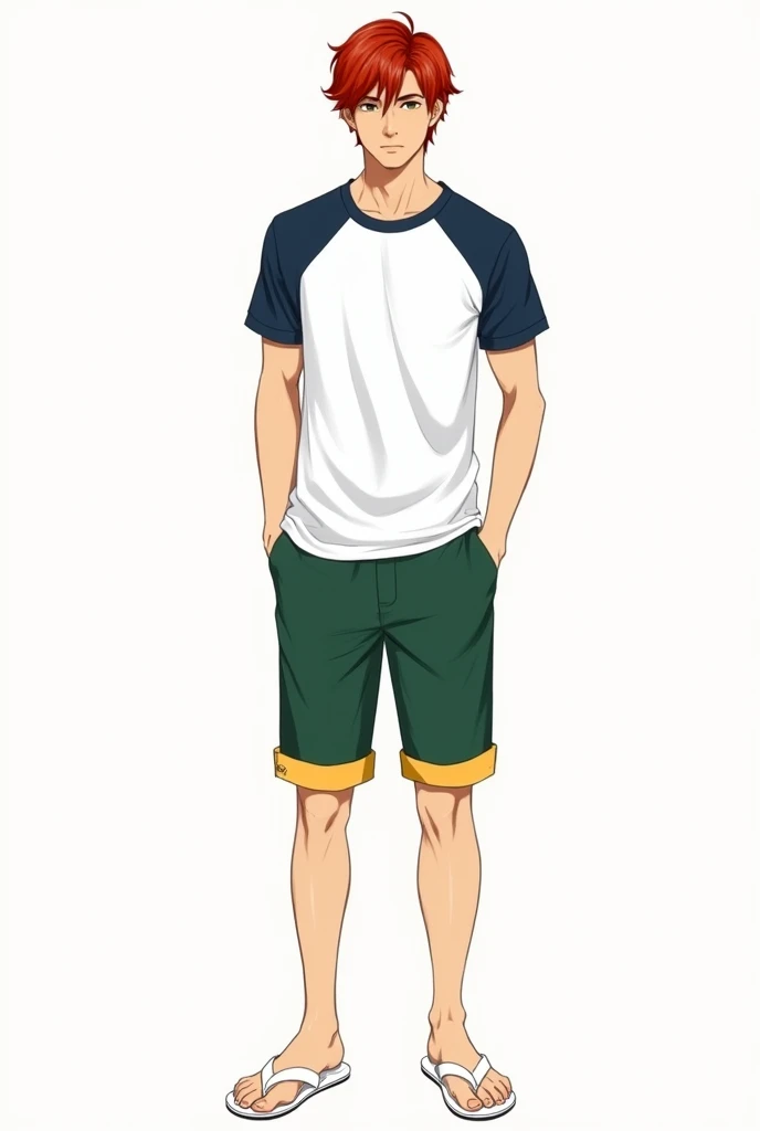 male sketch with red hair. white t-shirt with dark blue detail on the shoulders and sleeves. elegant matcha green shorts with yellow hem. white flip flops on my feet