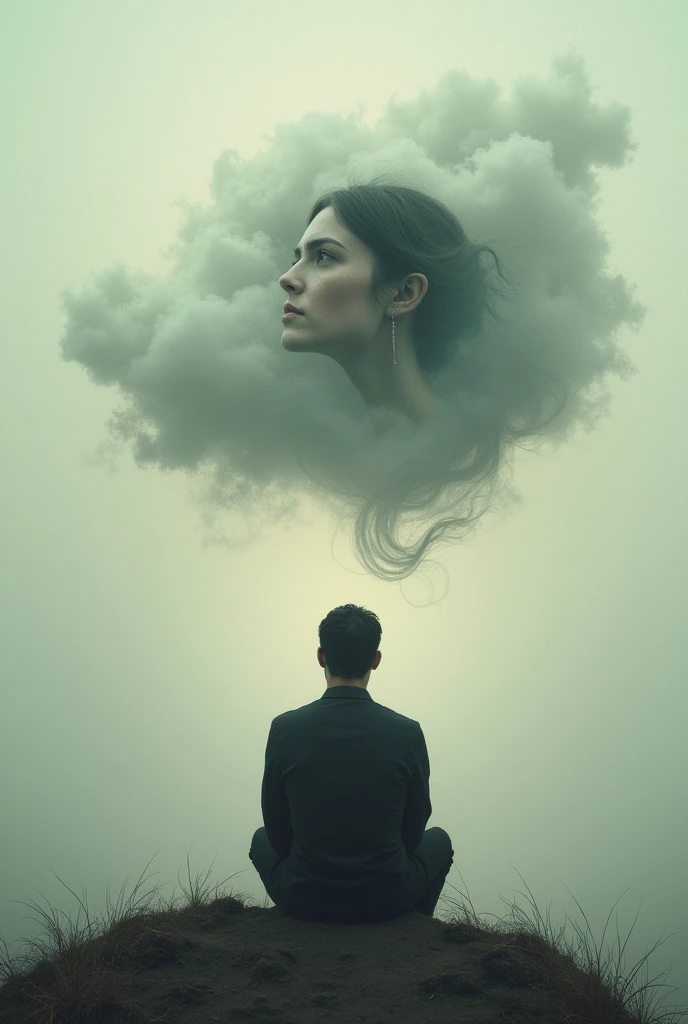 Create a man, he sits and thinks about her and his image of her in a cloud, a mental cloud, he thinks about it and well he misses her and in a directive way he would like to have her by his side and kiss her in privacy. 