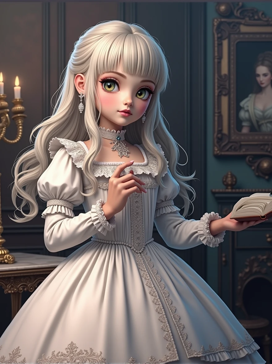 a victorian era girl, beautiful detailed eyes, beautiful detailed lips, extremely detailed face, long eyelashes, detailed intricate dress, ornate victorian interior, dimly lit room, warm lighting, ornate furniture, oil painting, highly detailed, photorealistic, 8k, masterpiece