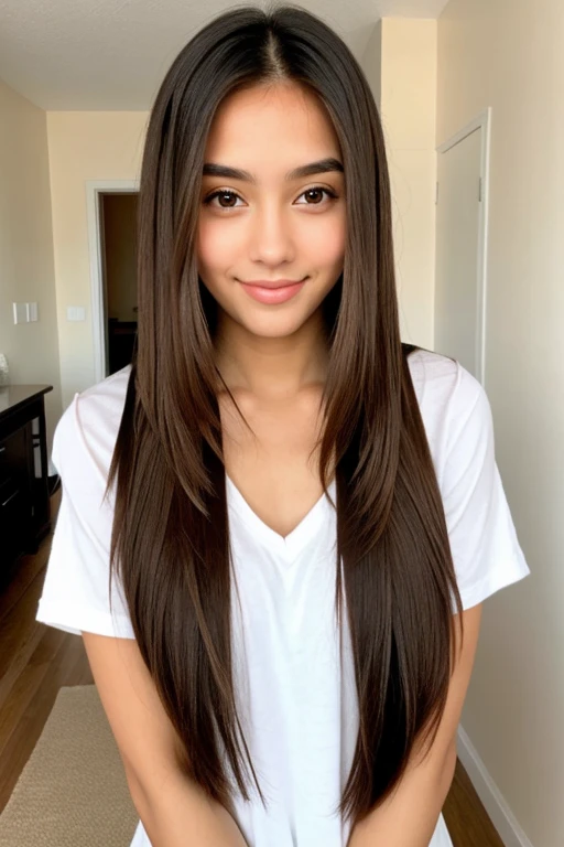 Cute girl with brown eyes, long straight hair